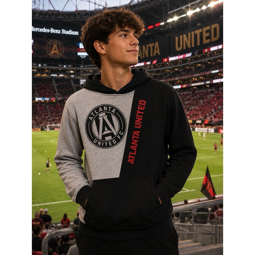 Atlanta United FC MLS Youth L 14/16 Gray Black Hooded Sweatshirt Pullover Hoodie